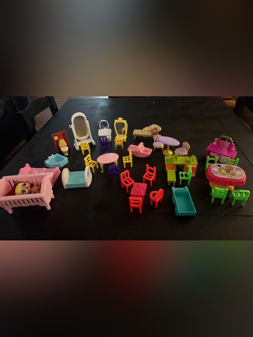 Vintage Miniature Dollhouse Furniture Lot Vanity Bed Crib Chairs Tables Acces